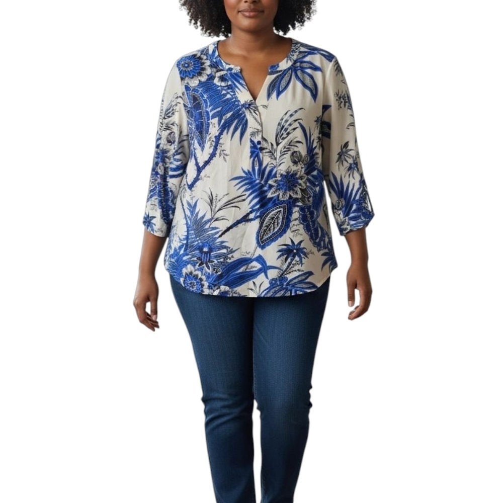 Tahari Blue and Cream Floral‎ Paisley Blouse Plus Size 2X New